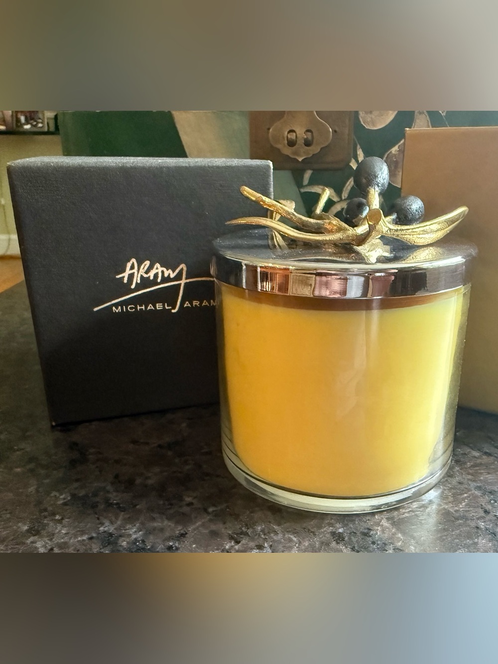 New in Box Michael Aram Olive Branch 13.5 oz Scented Candle with Sculptural Lid